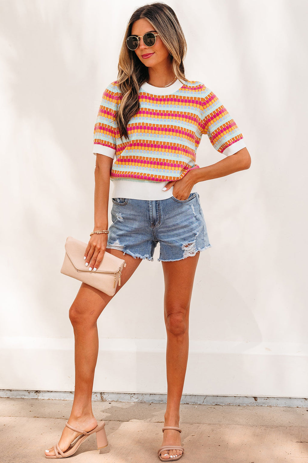Bellamy Knit Short Sleeve Sweater Abstract Striped Crew Neck Top