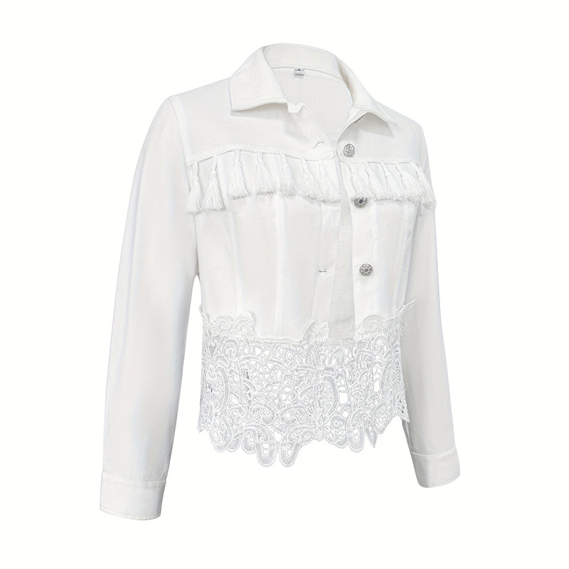Women's White Lace Hollow Out Jacket with Fringe Detail