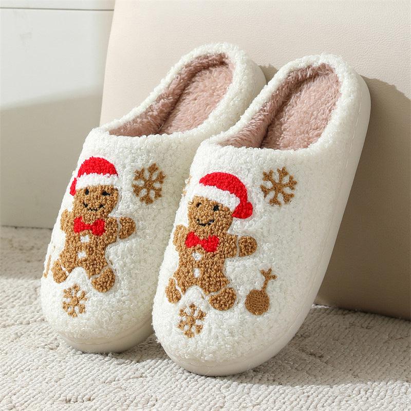 Gingerbread Man Christmas Slippers, Plush Fleece Warm House Shoes