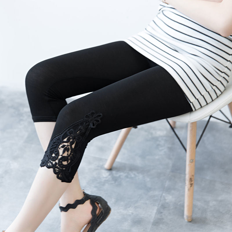 Women’s Lace Trim Stretch Leggings Solid Knit Bottoming Pants