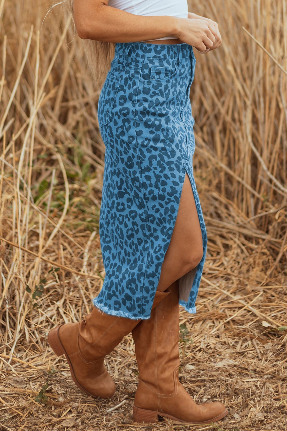 Leopard Denim Frayed Hem Midi Skirt