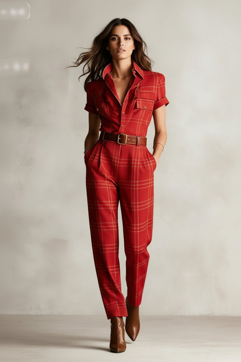 A woman wearing a wine-red checkered wide-leg jumpsuit with a notched lapel and brown belt, featuring a shirt-collar design.