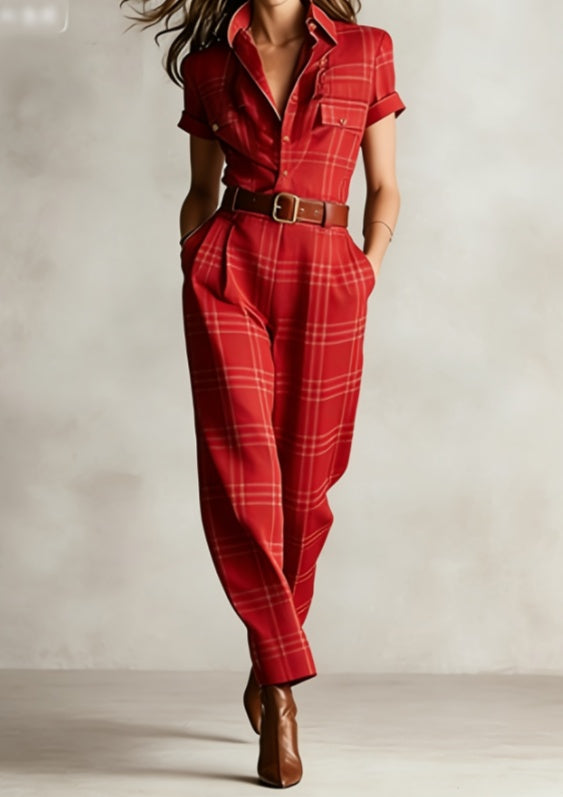 Wine Red Checkered Notched Lapel Wide-Leg Jumpsuit Workwear - Image 3