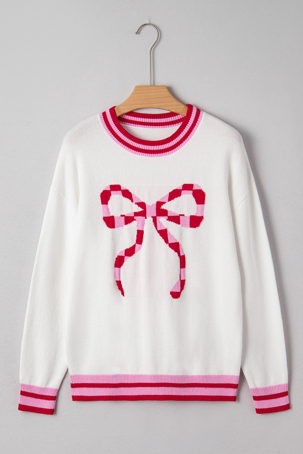 White Striped Bow Graphic Drop Shoulder Sweater