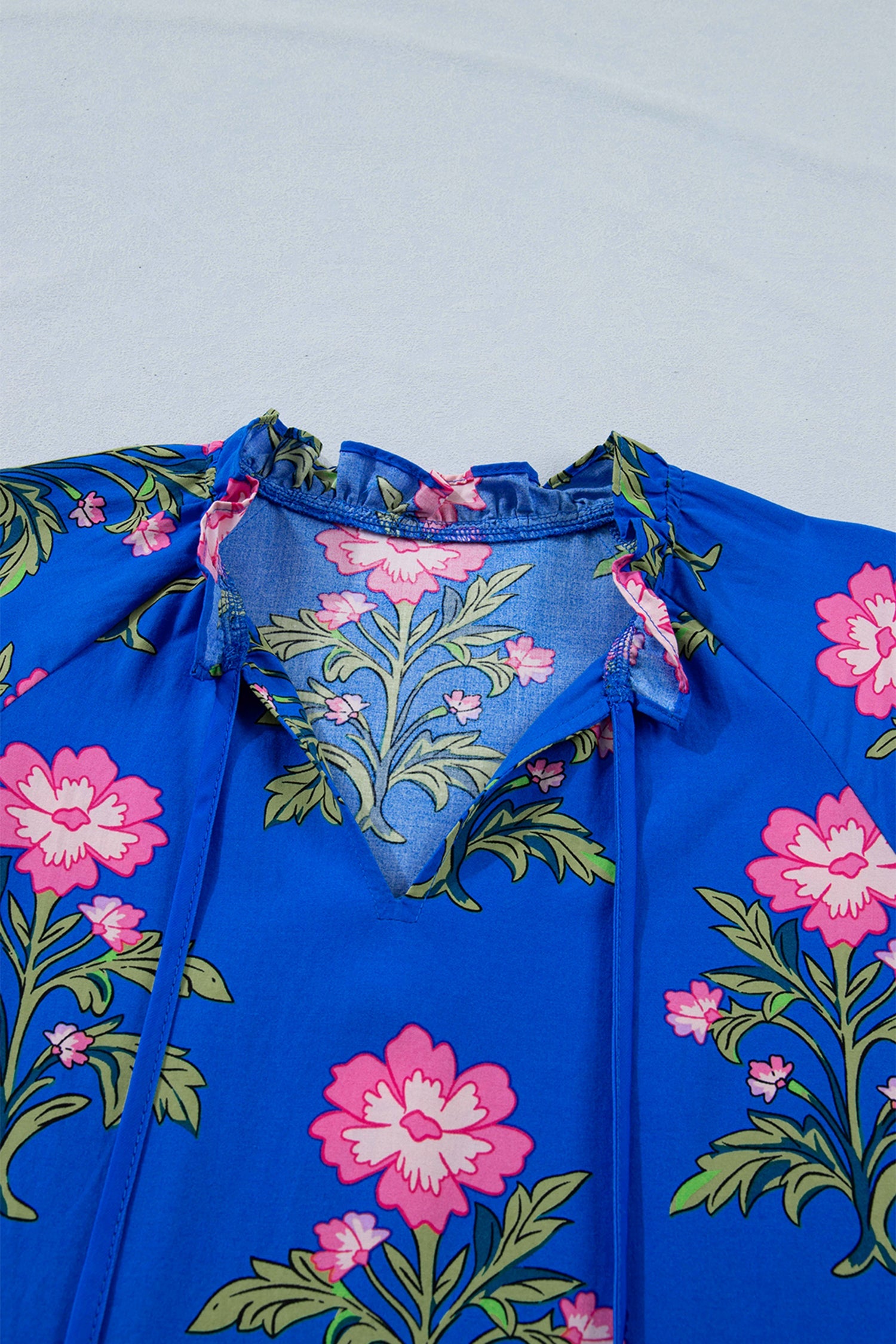 Blue Floral Print V-Neck Tiered Mini Dress with Ruffle Sleeves - Image 4