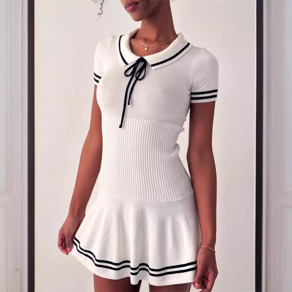 Short-Sleeve Striped Knit Mini Dress in White and Navy - Image 2