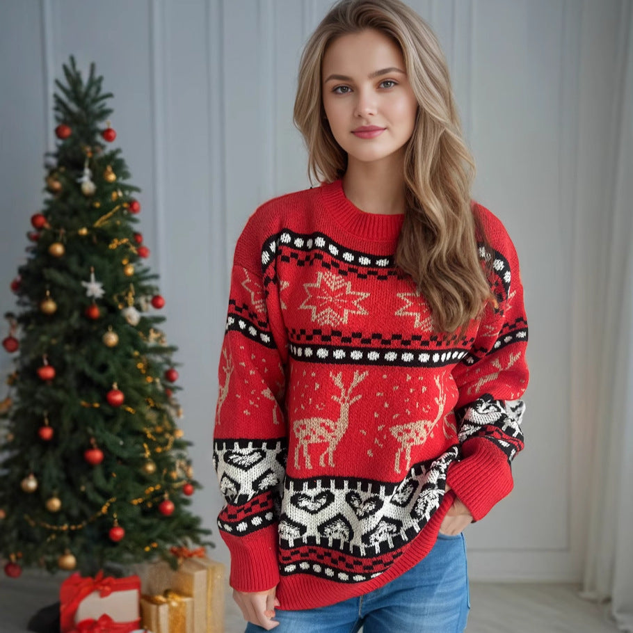 Women's Red Reindeer Jacquard Knit Christmas Pullover Sweater - Image 6