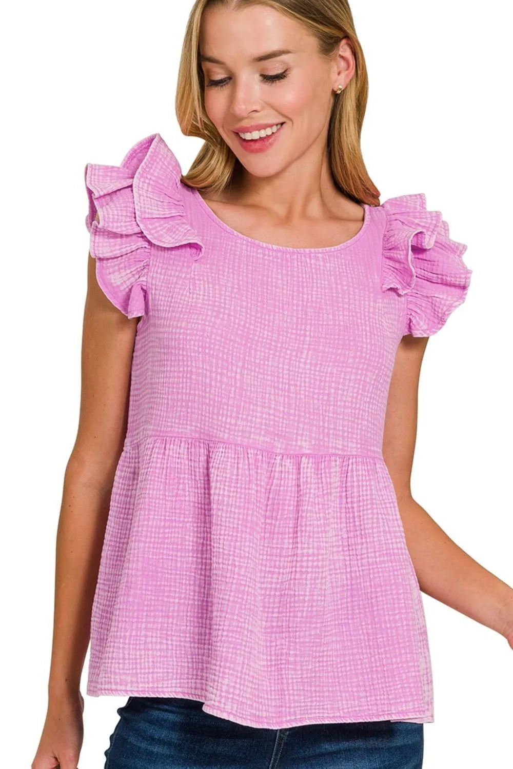 Zenana Cotton Peplum Top with Flutter Sleeves | Turquoise
