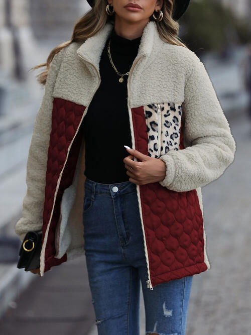 Women's Leopard Color Block Zip-Up Jacket