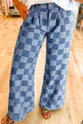 112 Dusk Blue Checkered Wide Leg Jeans | Light Wash