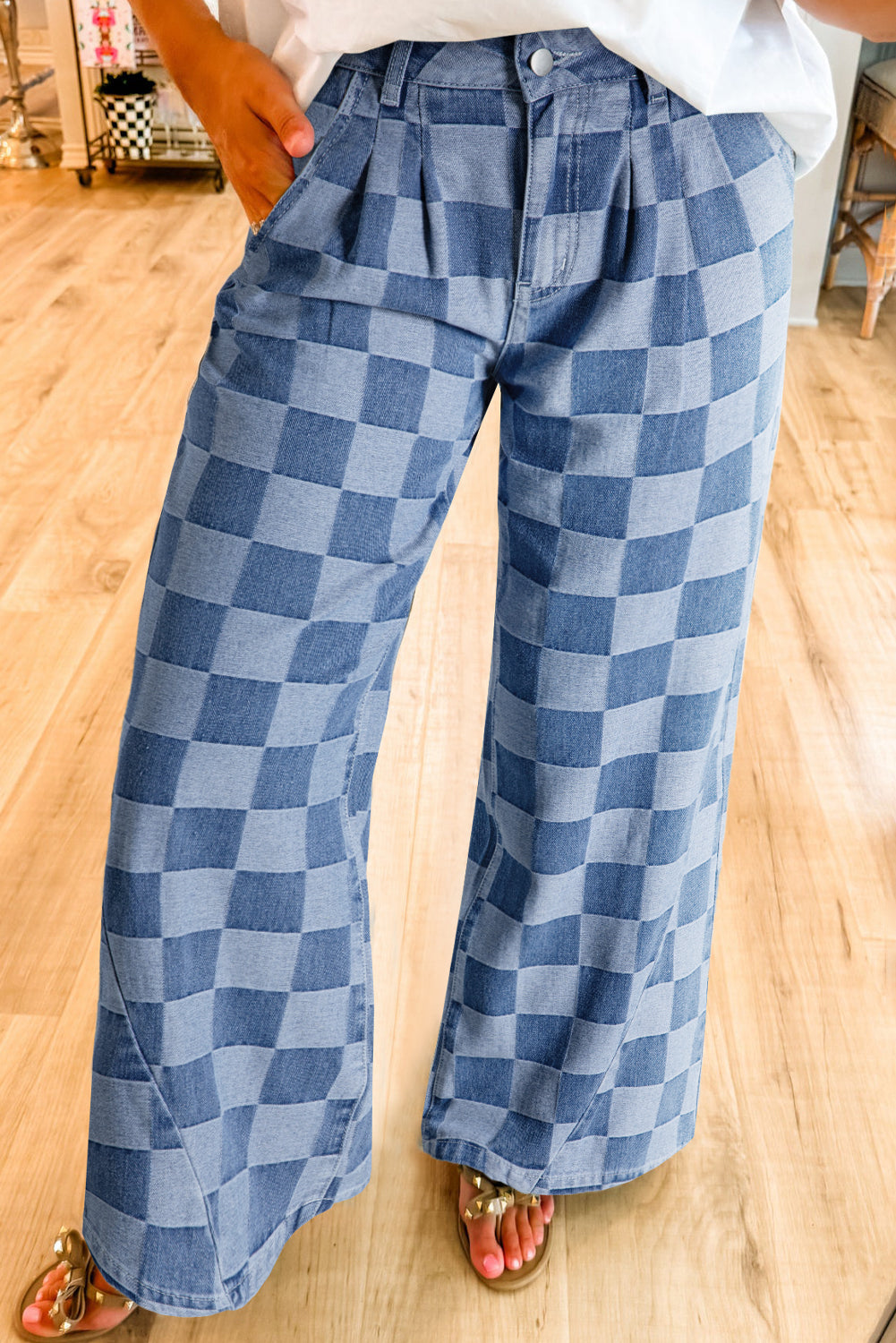 112 Dusk Blue Checkered Wide Leg Jeans | Light Wash