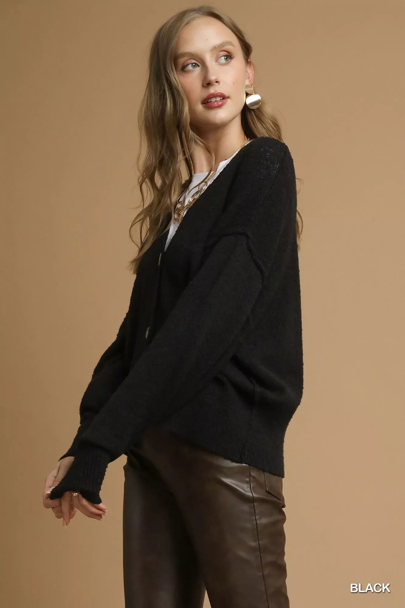 Button-Front V-Neck Knit Cardigan in Black