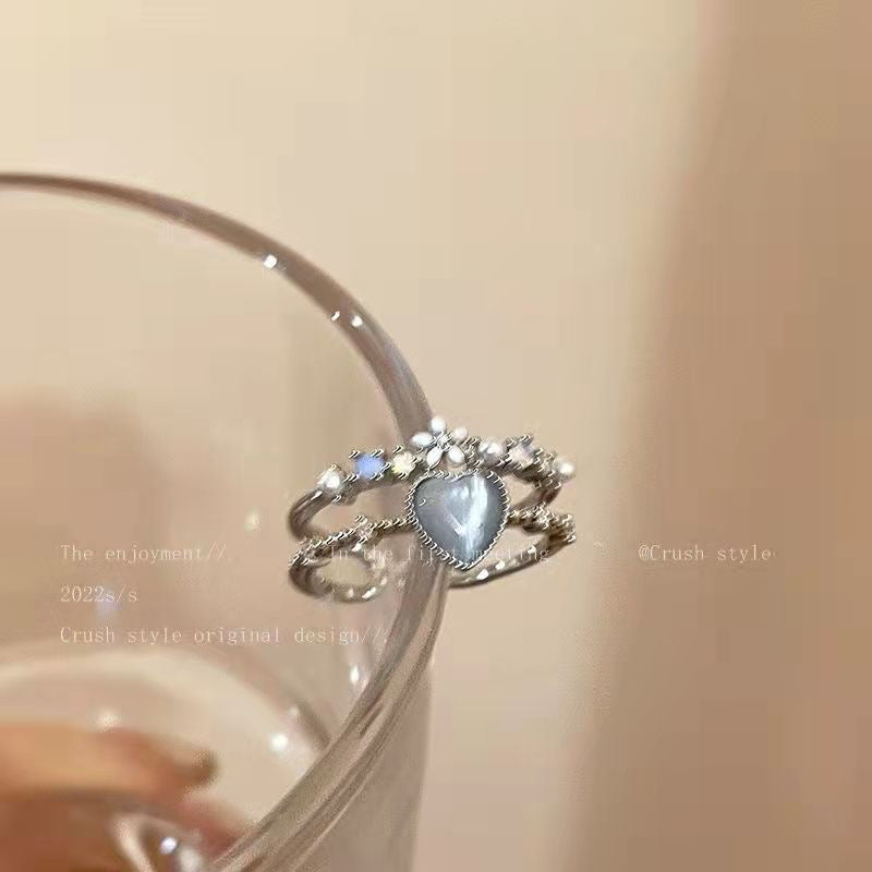 Sweet Cool Denim Texture Heart Zircon Ring, Dainty Light Luxury Jewelry For Women
