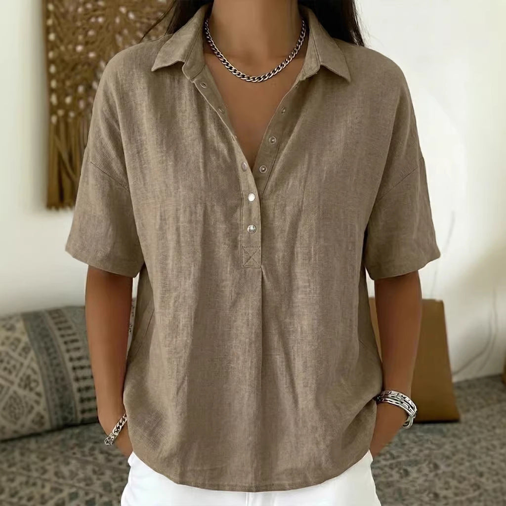 Women's Linen Short Sleeve Button Pullover Shirt