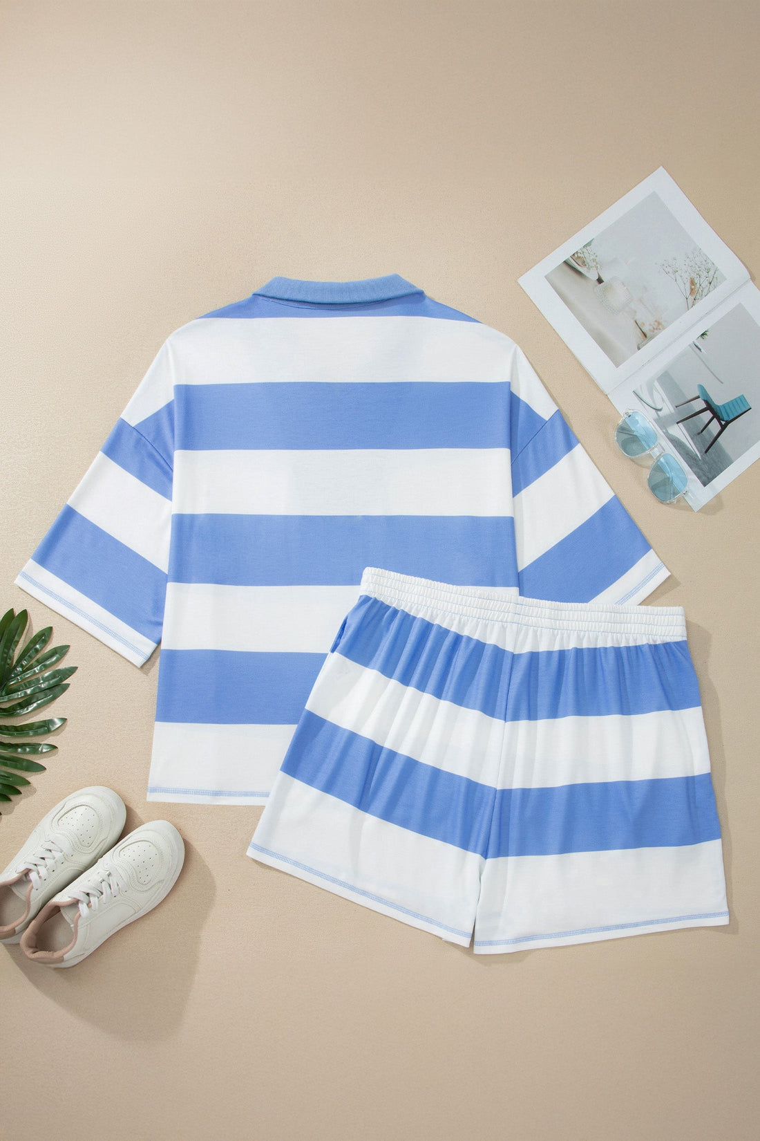 Stripe Zipped Collar Top & Shorts Set - Sporty Knit Loungewear