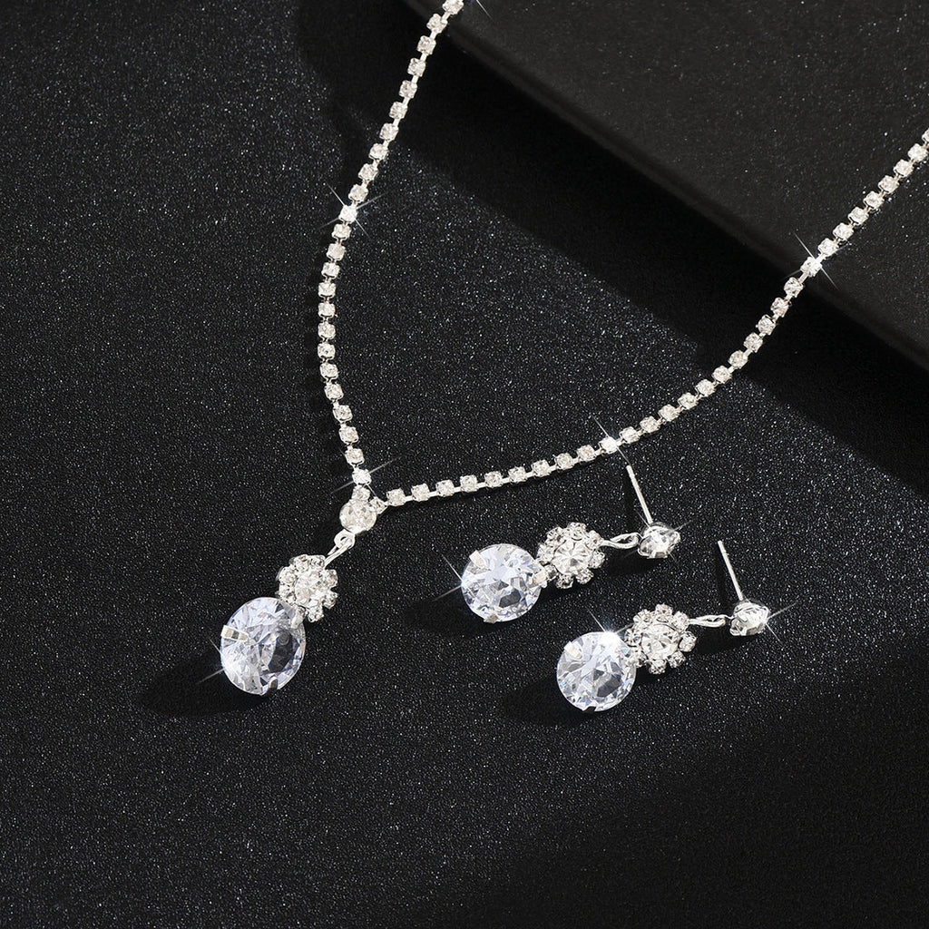 Women 2 Pcs Simple Round Cubic Zirconia Crystal Jewelry Set,Necklace And Earrings,Fashion Accessories For Daily Commute Party Occasion