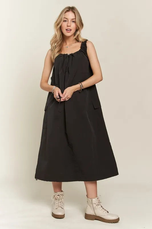 Black Drawstring Slit Back Cargo Summer Dress