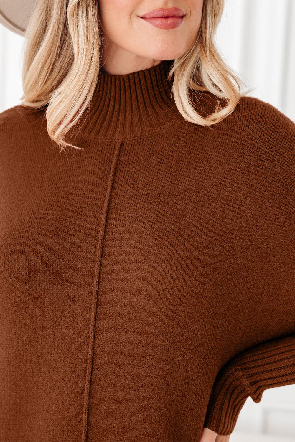 Women's Ribbed Mock Neck Sweater Dress in Brown and Red