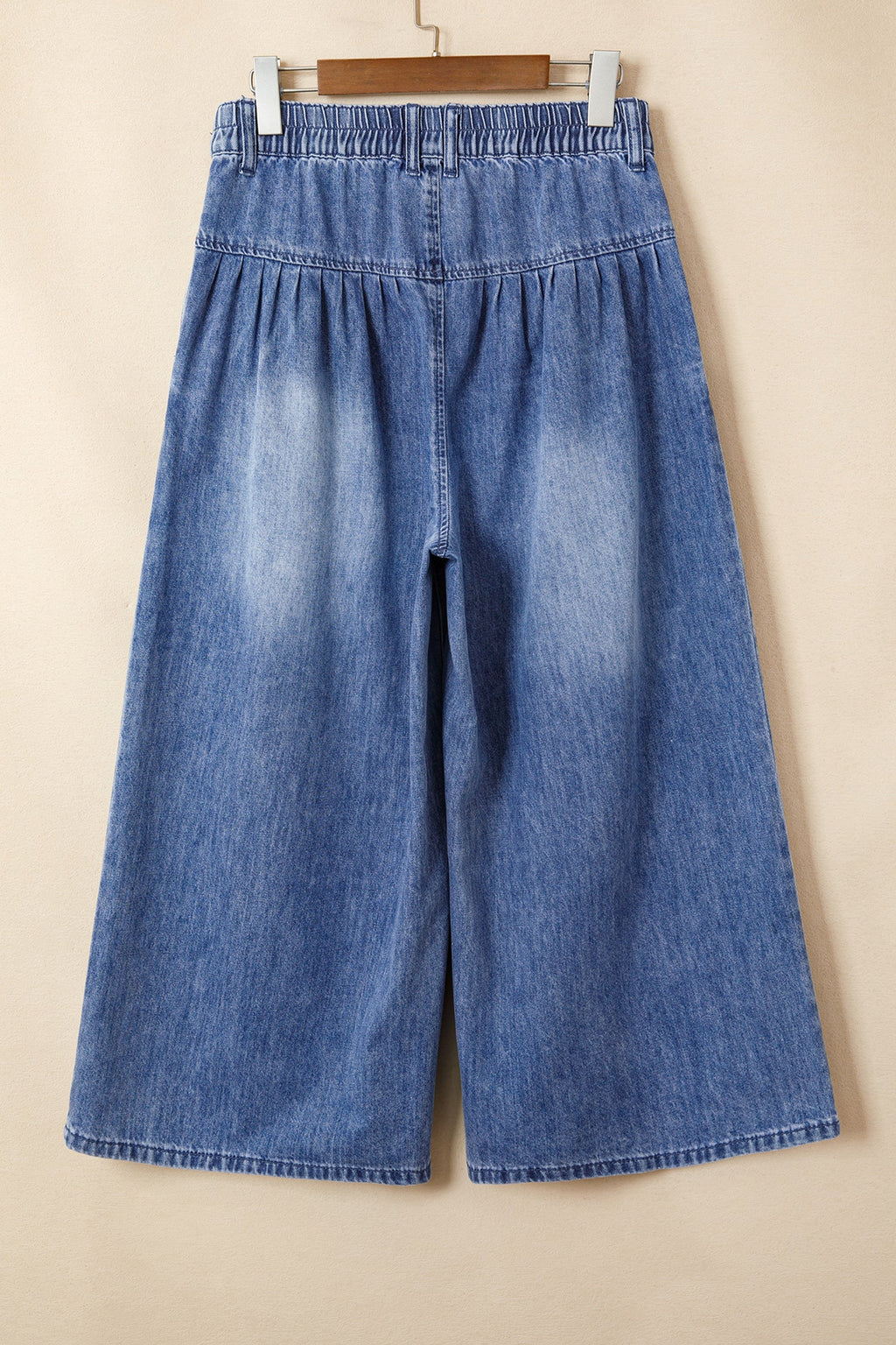 High Rise Pleated Wide Leg Denim Cropped Pants in Medium-Blue
