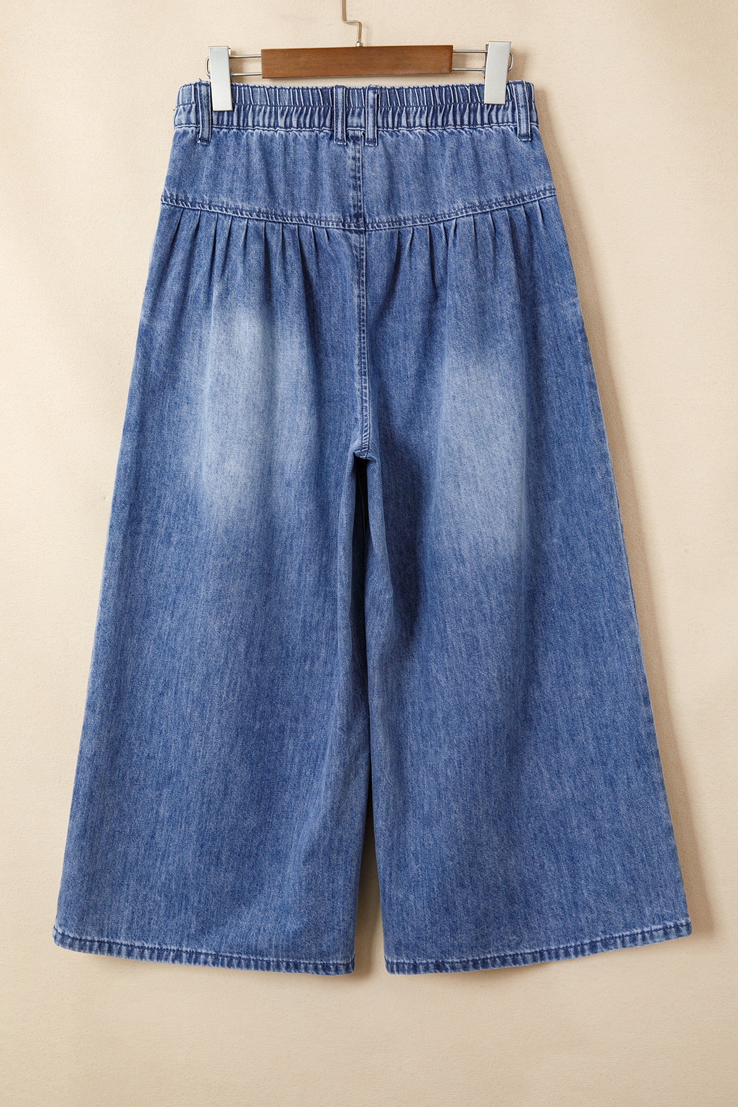 High Rise Pleated Wide Leg Denim Cropped Pants in Medium-Blue