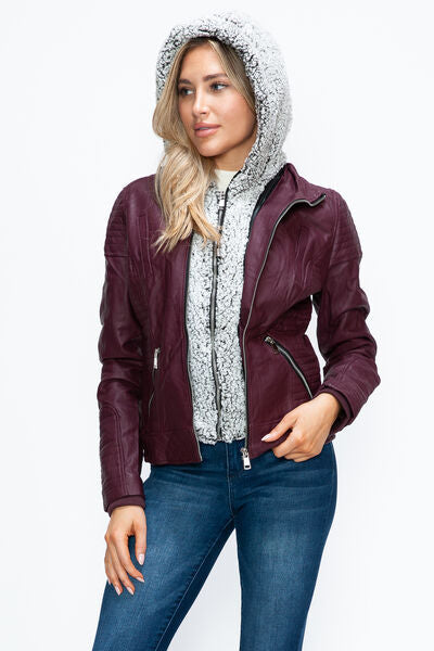 Dual-Zipper Layered Jacket with Fuzzy Hood in Burgundy and Grey