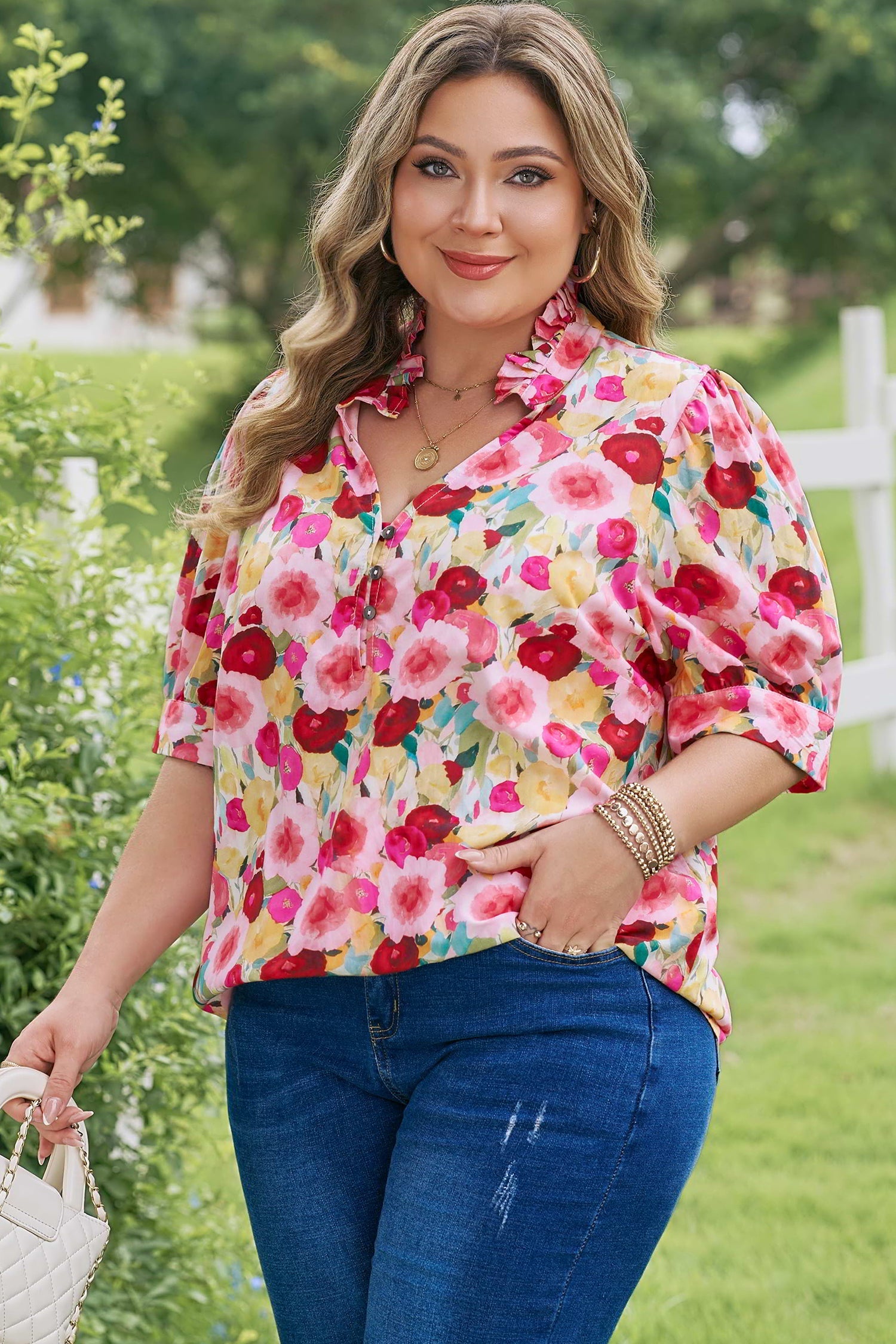 Oaklynn Puff Short Sleeve Floral V-Neck Top in Pink Red Yellow