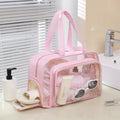 A pink toiletry and shoe storage bag for travel