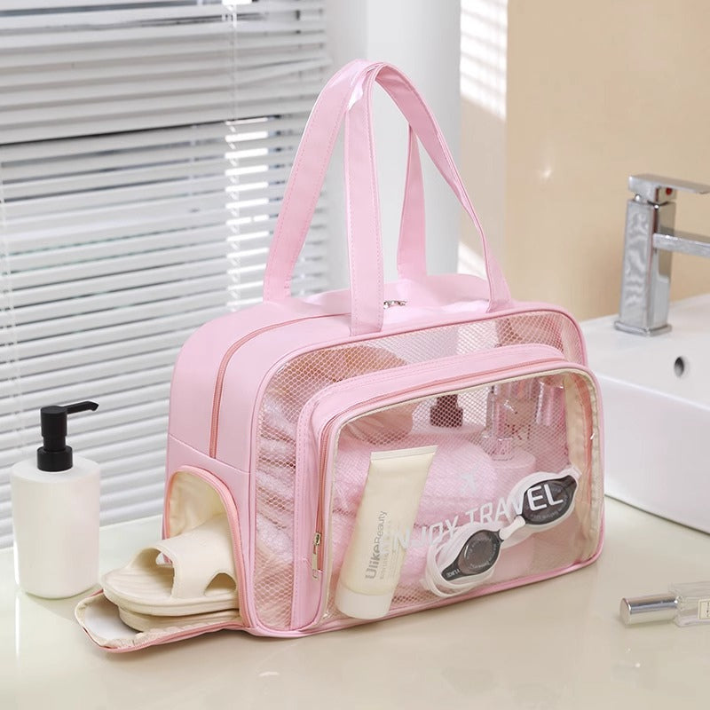A pink toiletry and shoe storage bag for travel