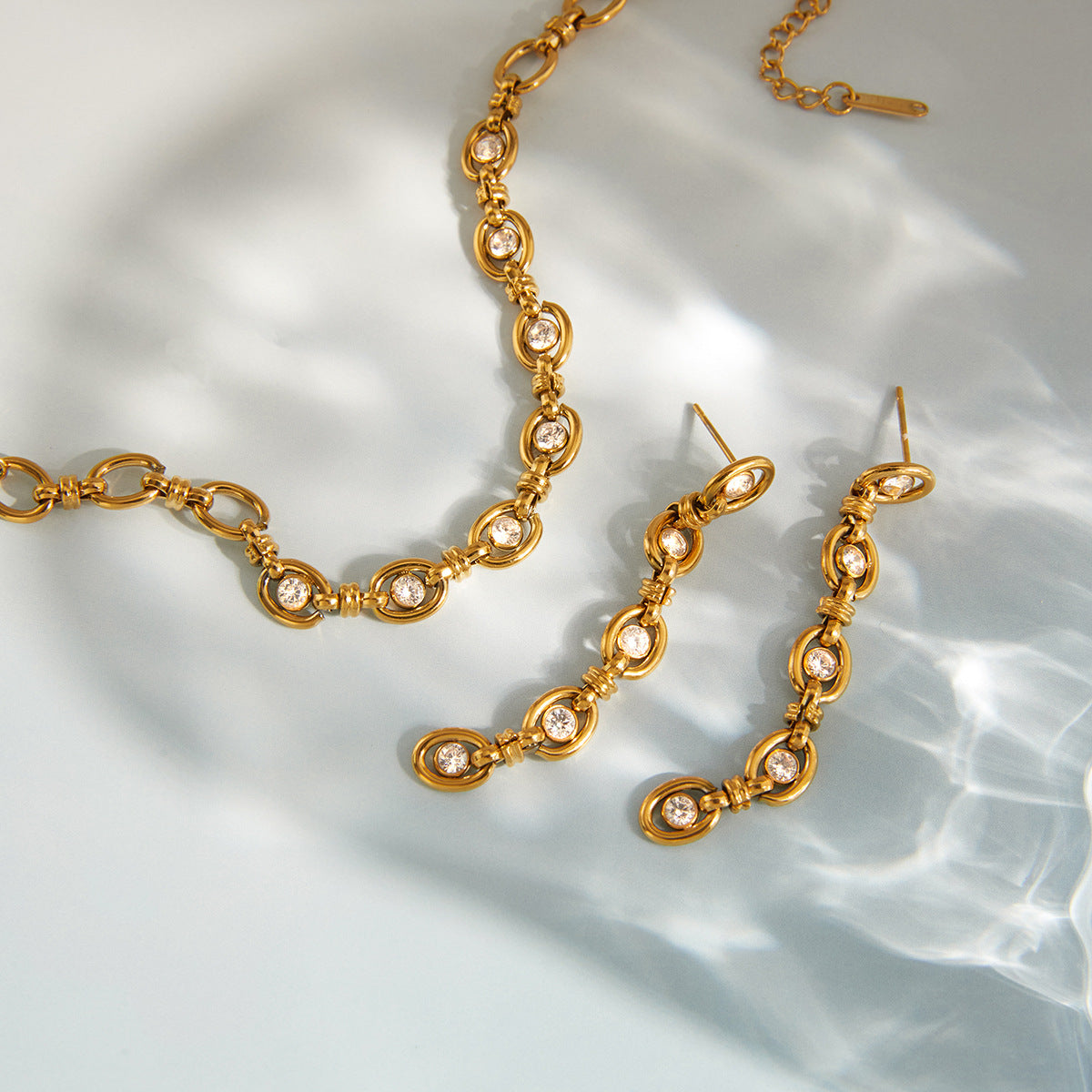 Zircon Chain Tassel Earrings and Bracelet Set in Gold