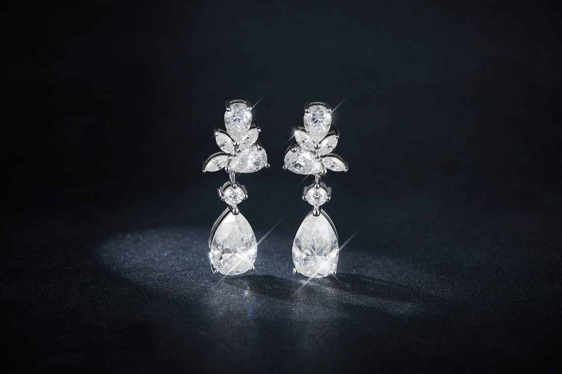 S925 Sterling Silver Pear Cut Moissanite Floral Cluster Drop Earrings