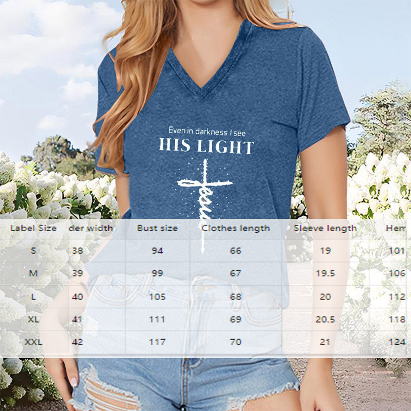 Women's Blue Geometric Cross V-Neck T-Shirt - Casual Summer Top