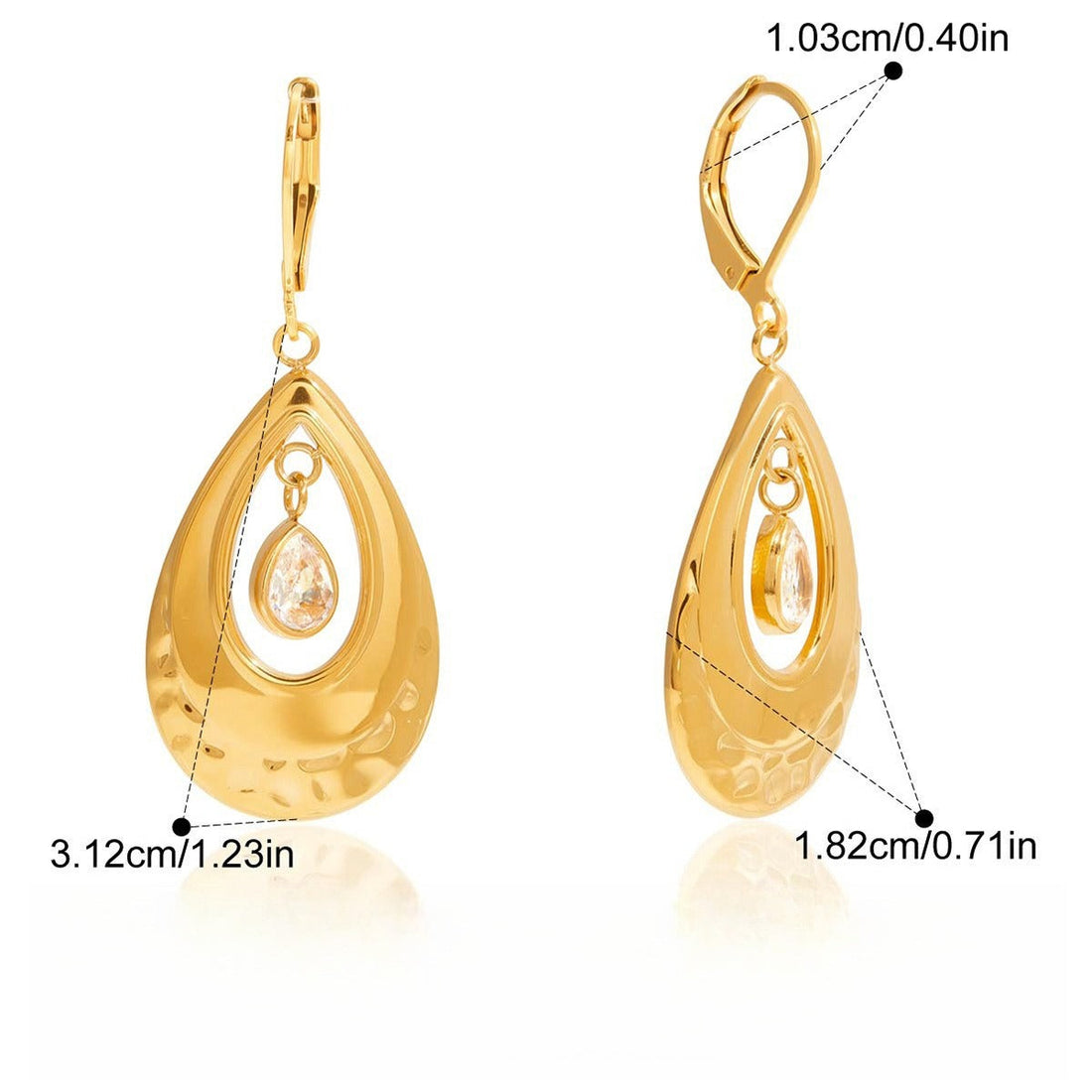 Vera Lux 18K gold lightweight teardrop zircon hoop earrings on a neutral background