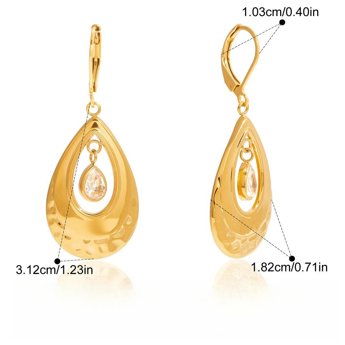 Vera Lux 18K gold lightweight teardrop zircon hoop earrings on a neutral background