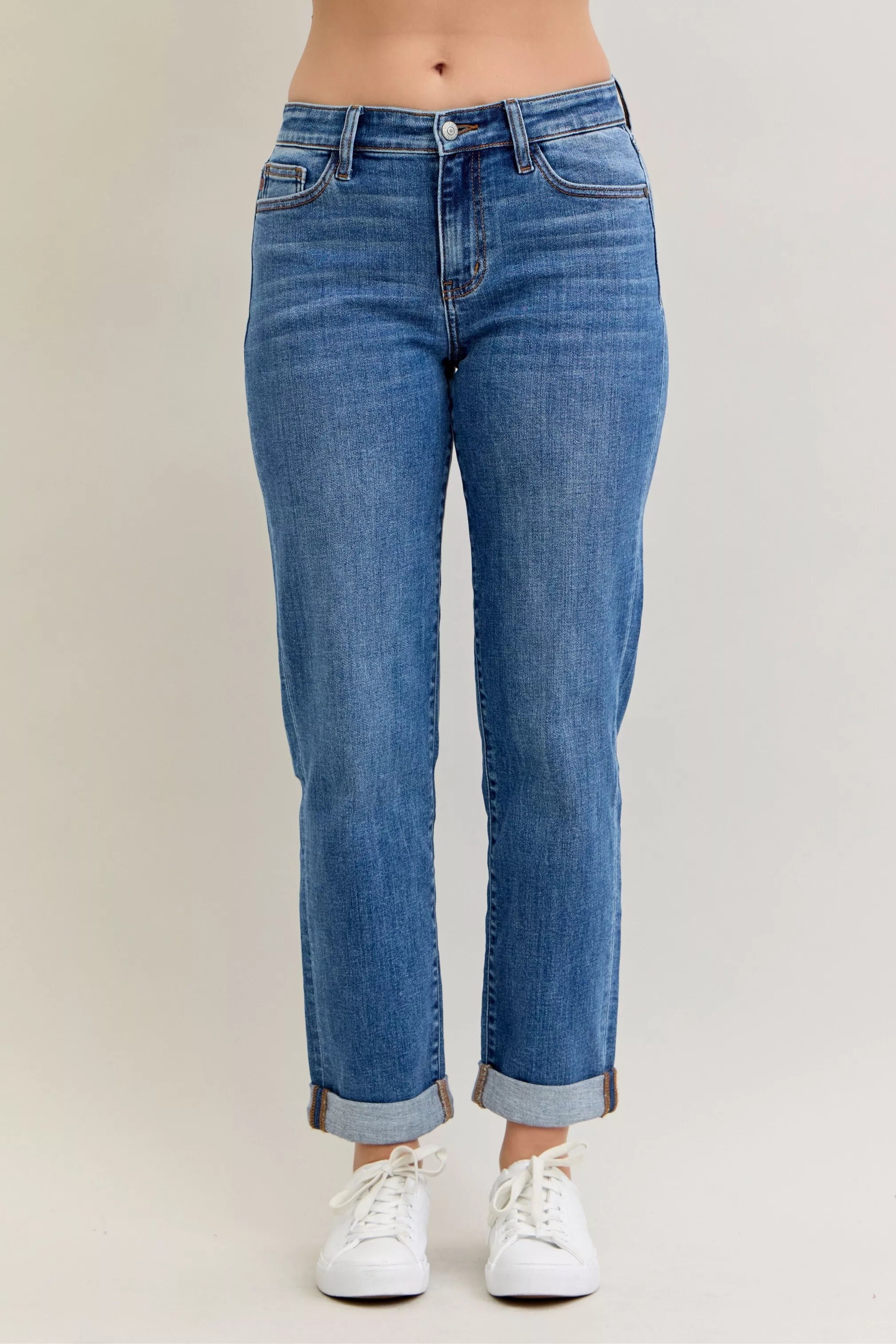 Judy Blue Mid Rise Boyfriend Cuffed Jeans | Stretch Denim
