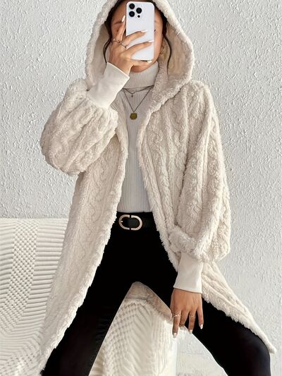 Beige Long Winter Open Front Fuzzy Hooded Jacket