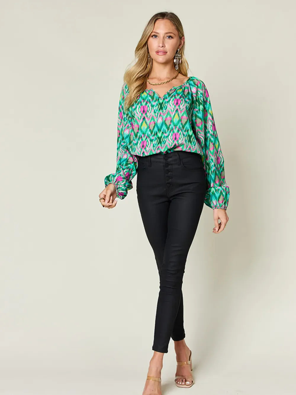 Printed Balloon Sleeve Blouse | Geometric V-Neck Chiffon Top