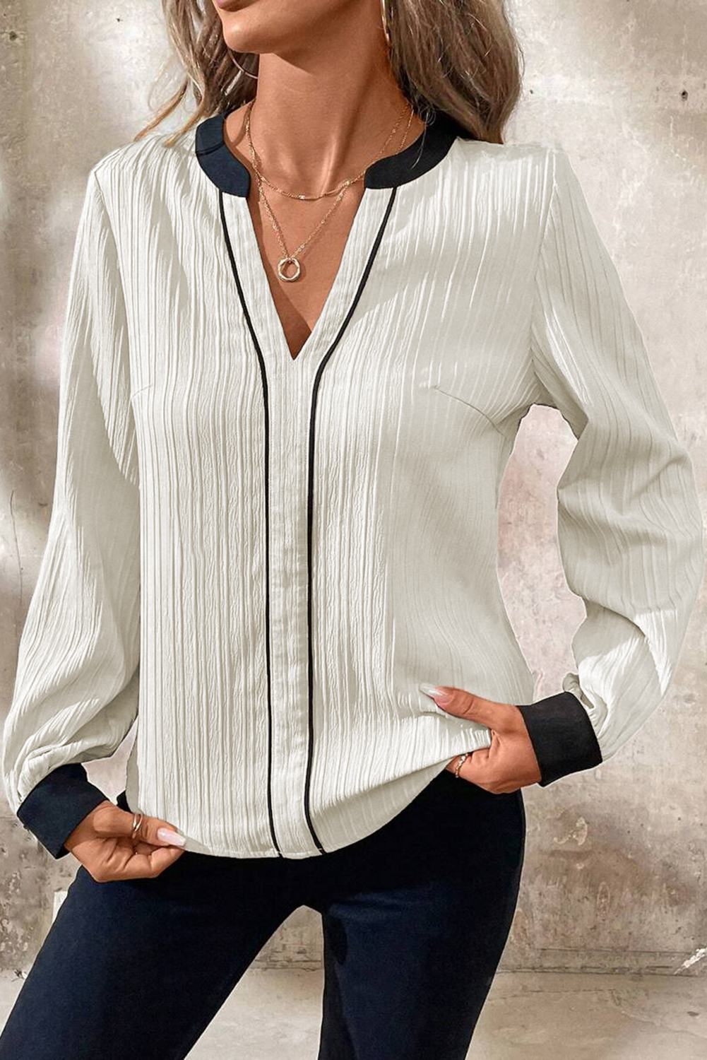 White Textured Colorblock V Neck Long Sleeve Elegant Blouse