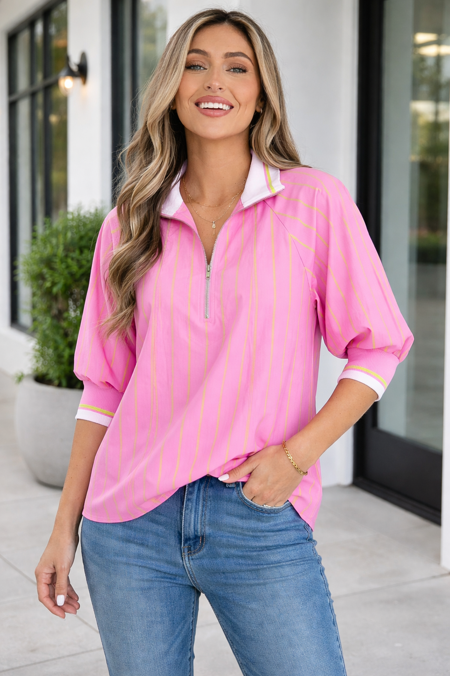Gwendolyn Striped Shift Blouse with V-Neck and Metal Zipper