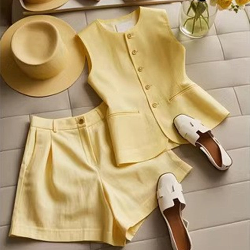 Women's Lemon Yellow Cotton Linen Tailored Vest