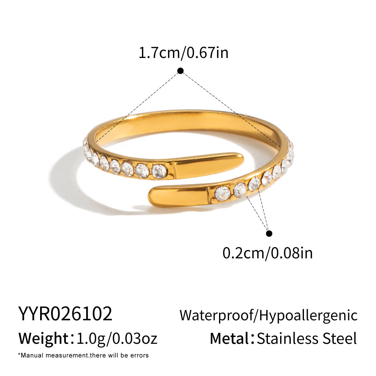 Stainless Steel Open Ring With Rhinestones