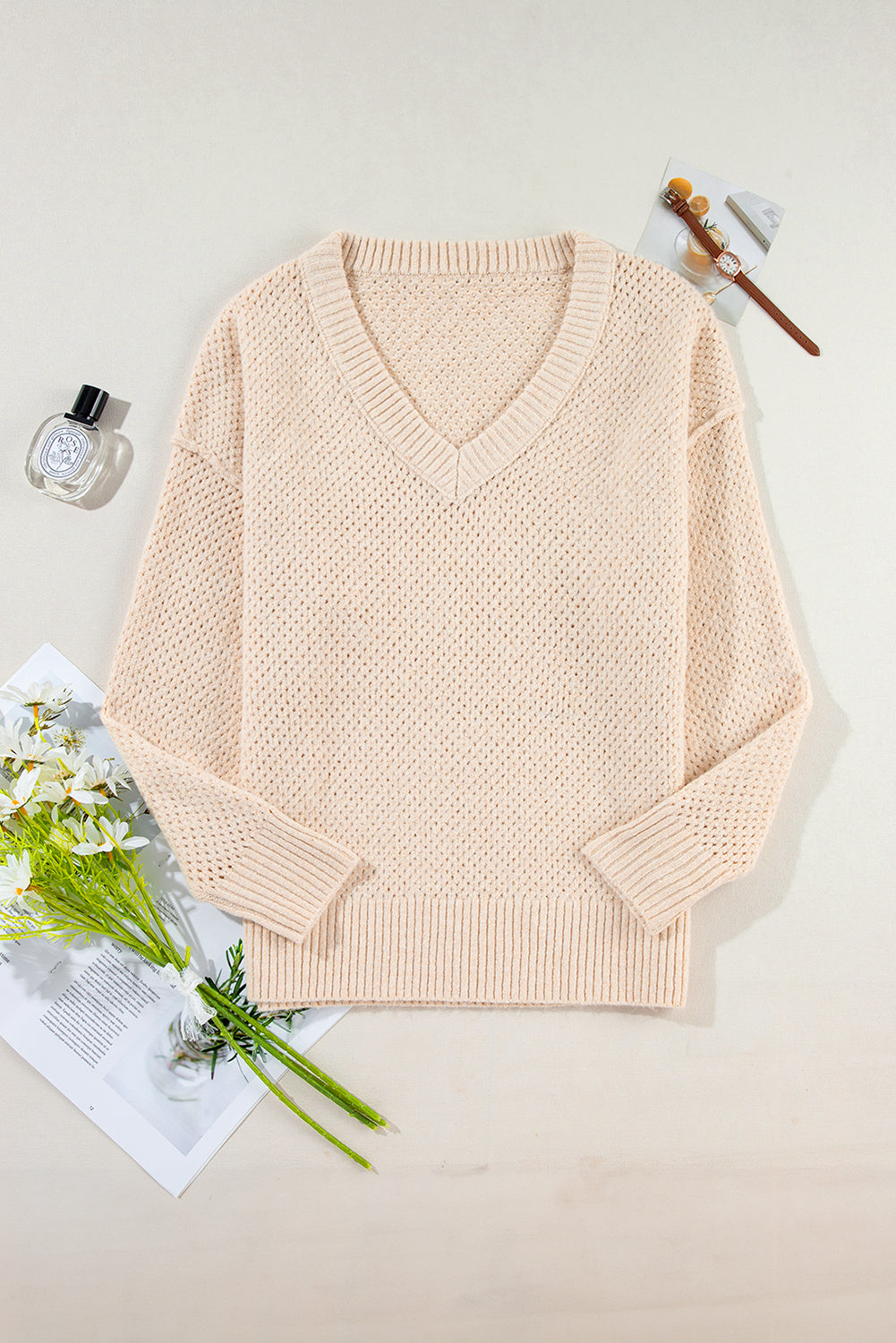 Solid Eyelet V-Neck Drop Shoulder Sweater