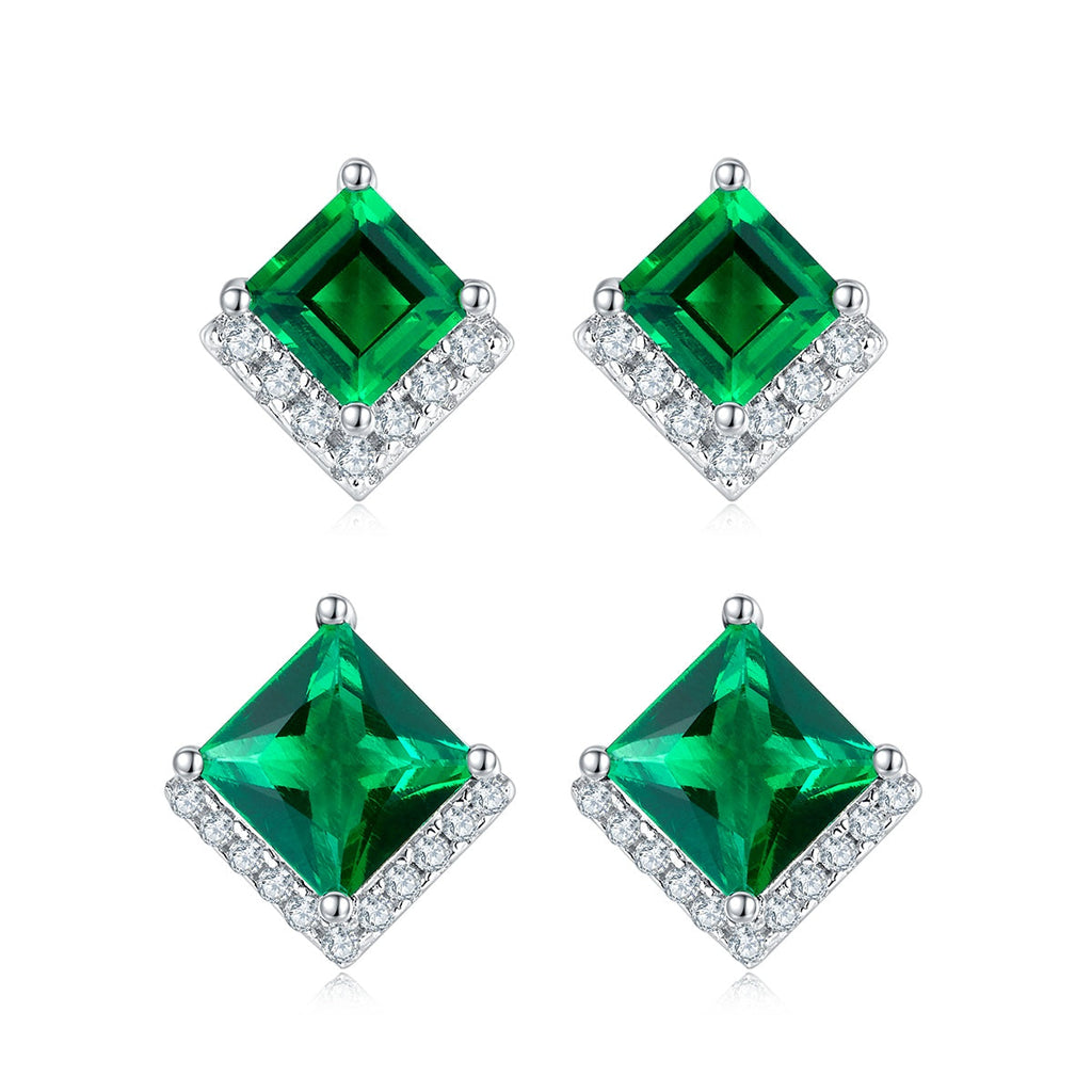 S925 Silver Platinum Plated Lab-Created Emerald Earrings, 0.3&2.5ct Princess Cut Studs, Pair