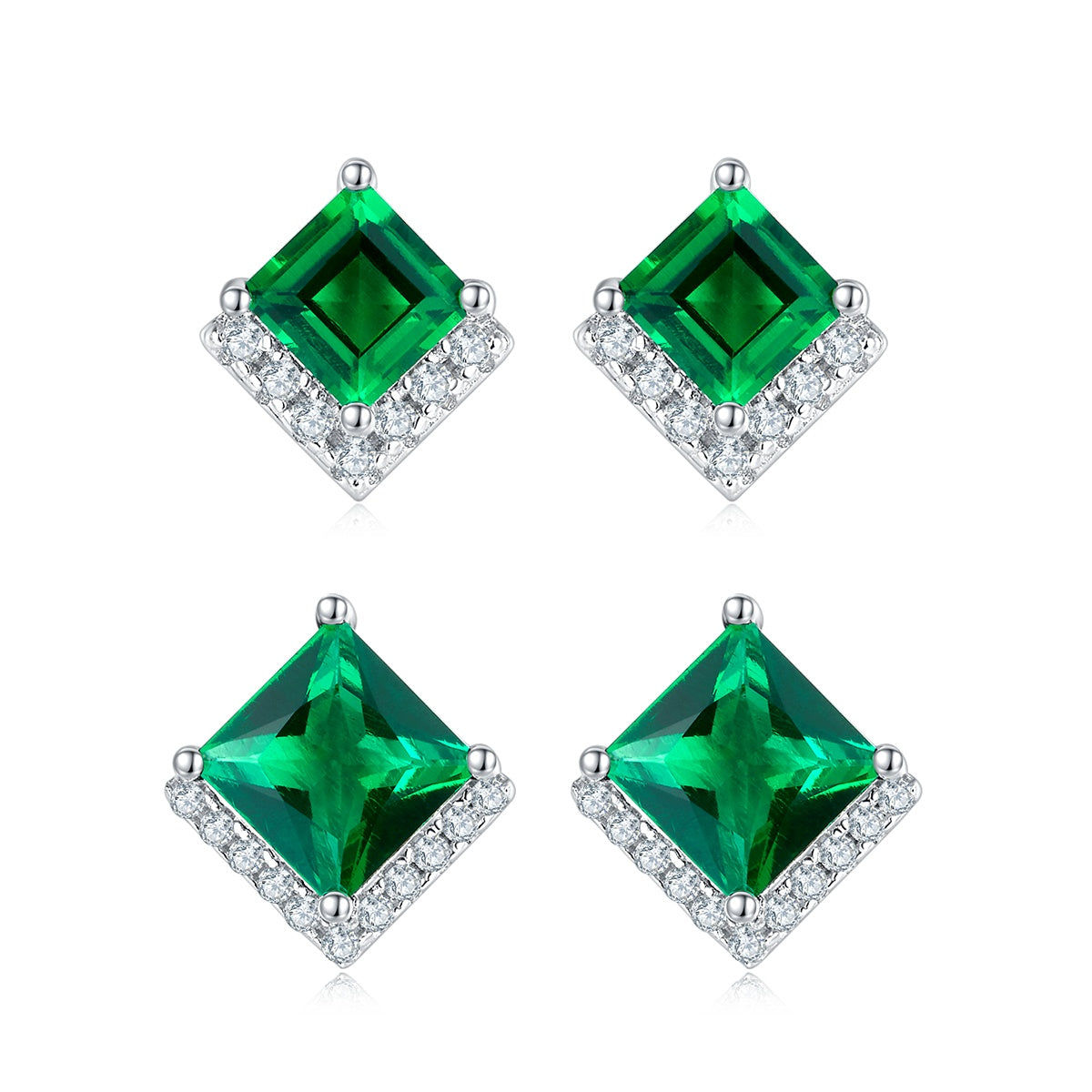 S925 Silver Platinum Plated Lab-Created Emerald Earrings, 0.3&2.5ct Princess Cut Studs, Pair