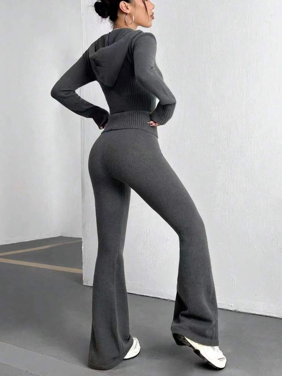 Zip Up Hooded Top & Flare Pants Sweater Set | Acrylic Knit