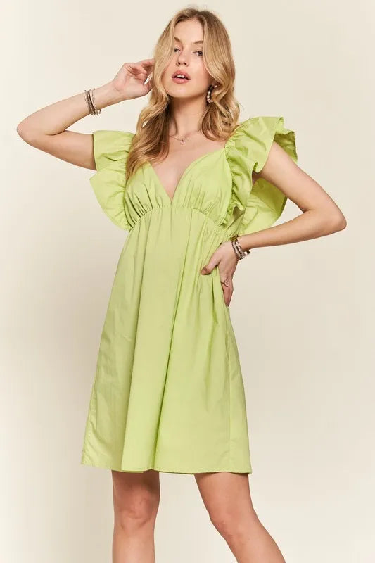 Lime Green Smocked Back Ruffled Cap Sleeve Babydoll Mini Dress