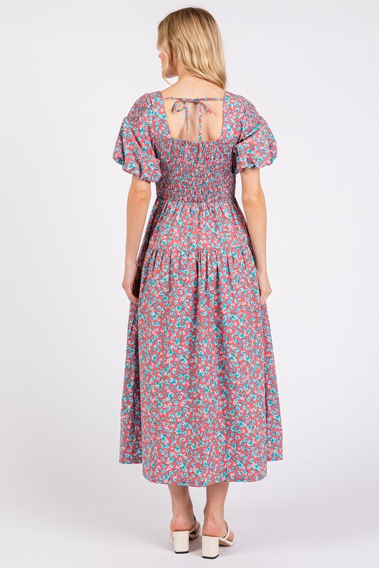Cotton Smocked Floral Square Neck Midi Dress - Cottagecore Style
