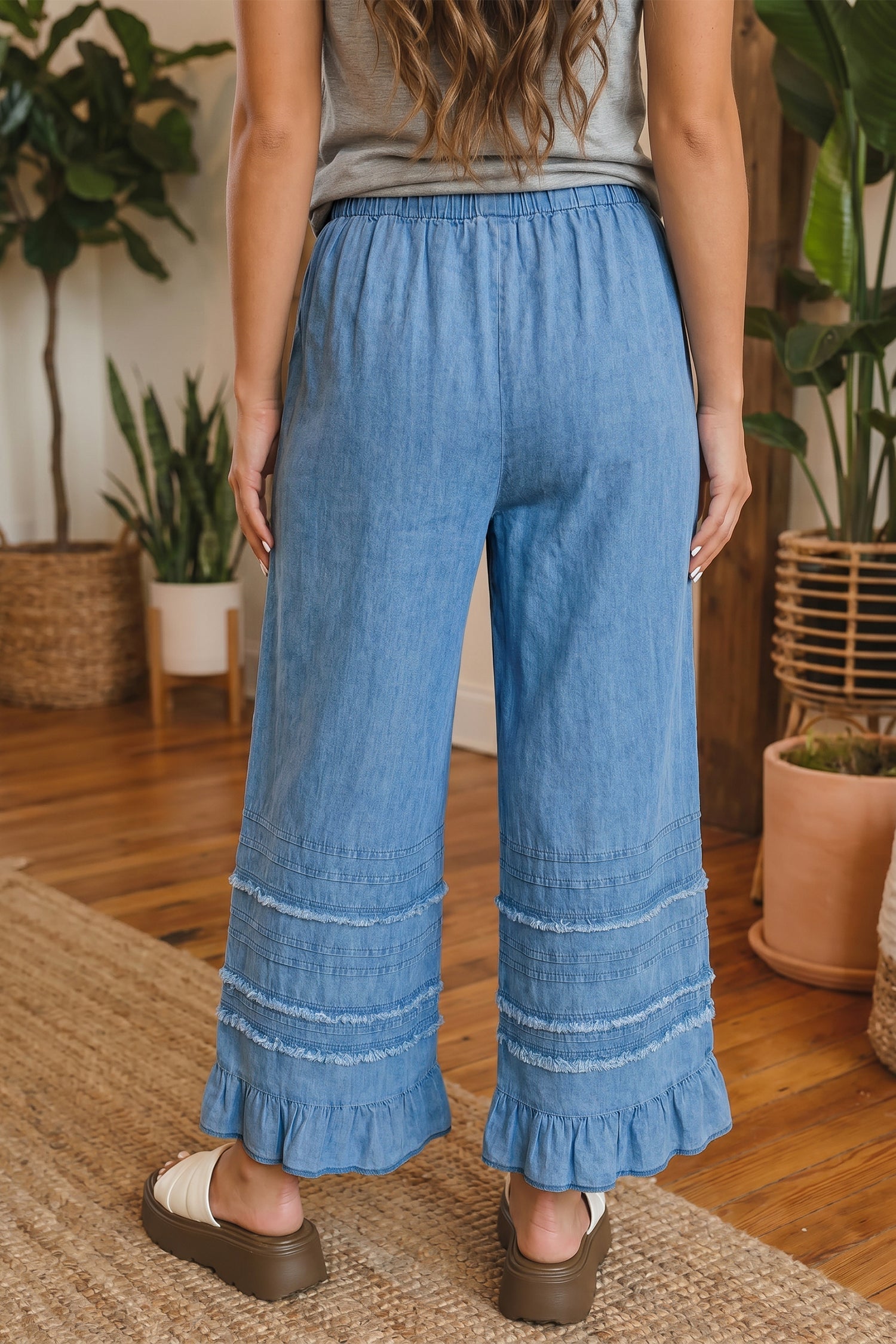 Taytum Women's Wide Leg Chambray Pants in Light Blue Denim