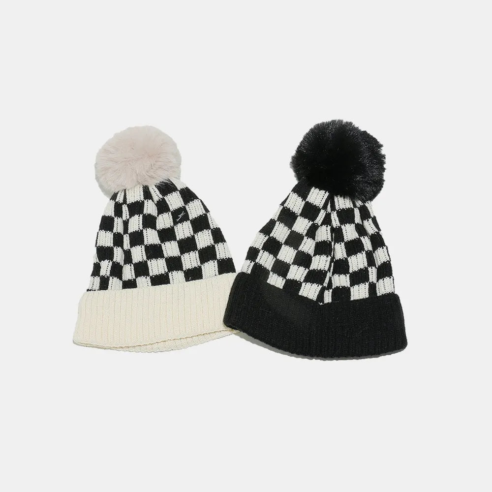 Checkered Knit Beanie with Pompom | Soft Acrylic Winter Hat