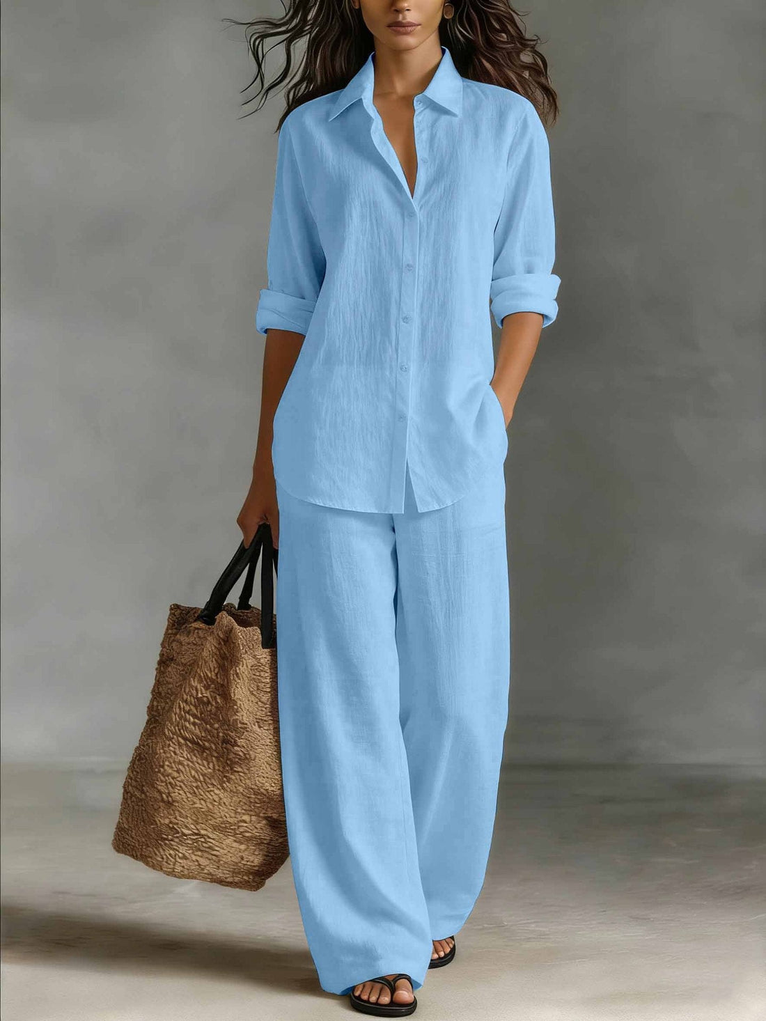 Women's Bohemian Cotton-Linen Button-Down Top and Pant Set - Image 11