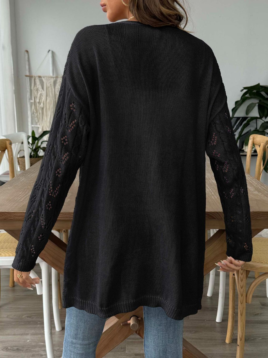 White Openwork Open Front Long Sleeve Cardigan Lightweight Knit - Image 5